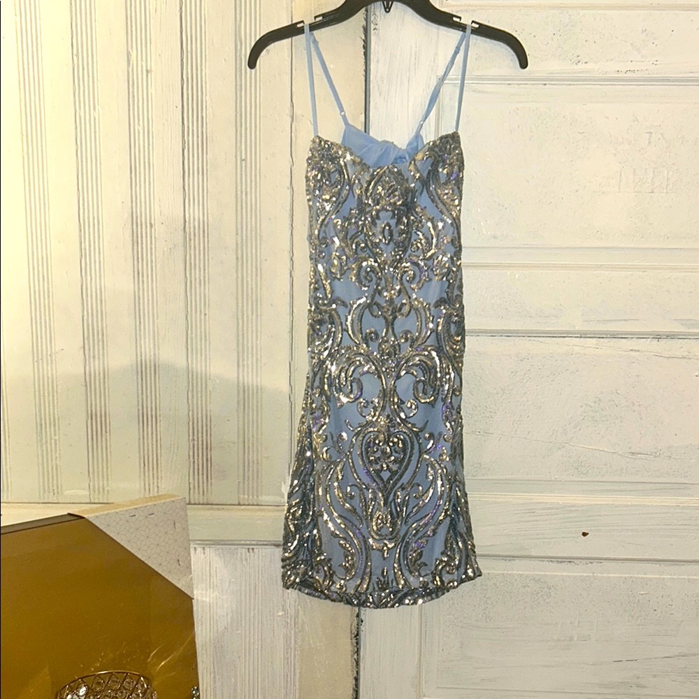 Party Dress Elegant Short Blue and Silver Embellished Dress